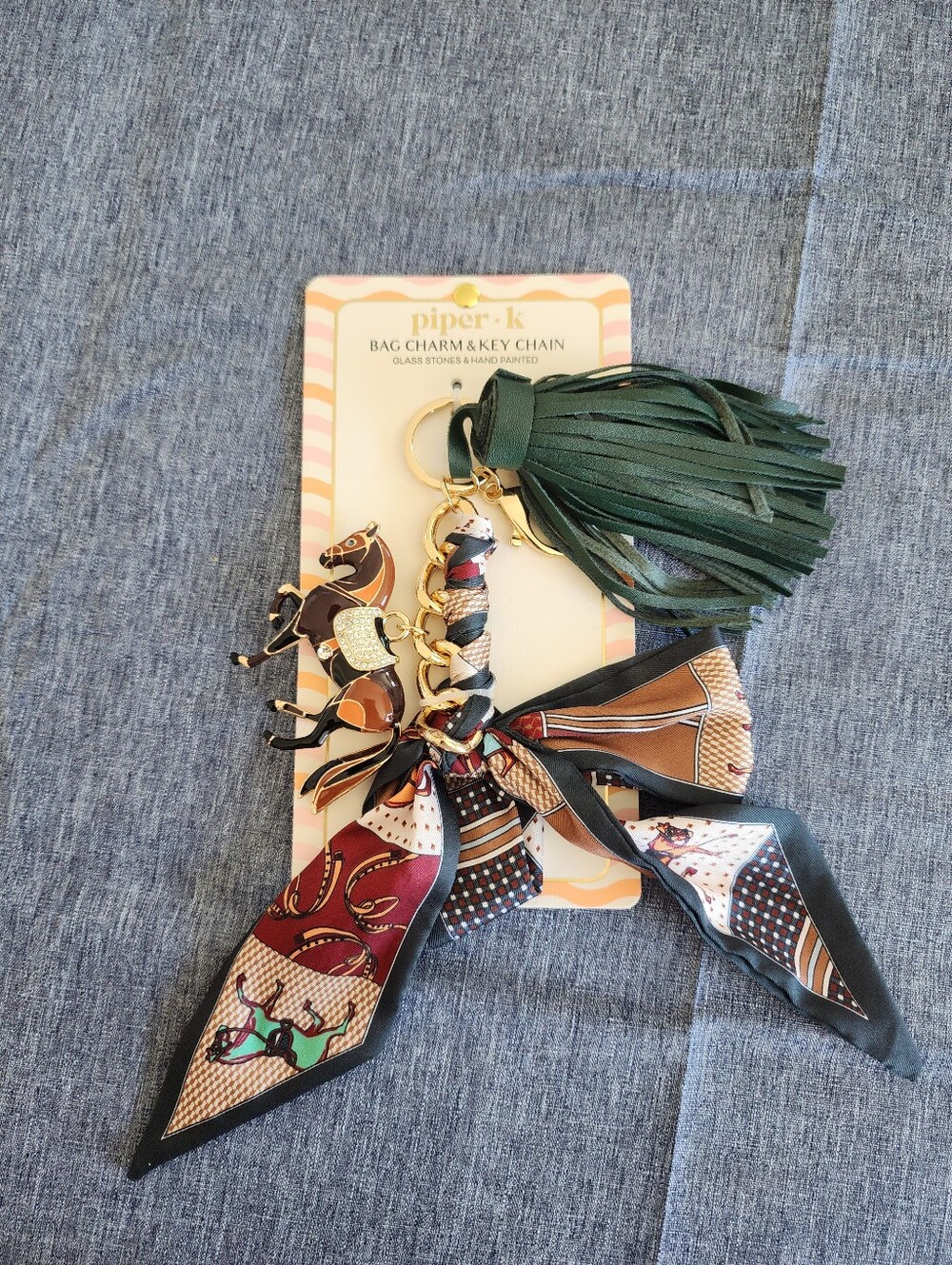 NWT Piper K Horse Green Tasel & Mini Scarf & Equestrian Enamel Bag Key Charm